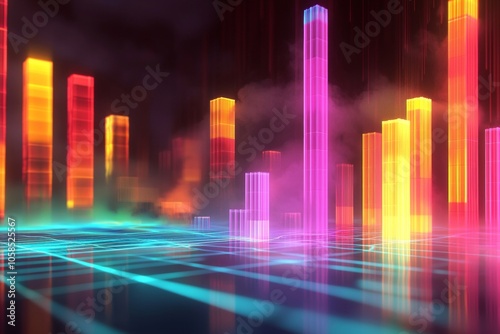 Dynamic Market: A bar graph rendered with vivid neon colors and a futuristic look, representing finance and growth. 