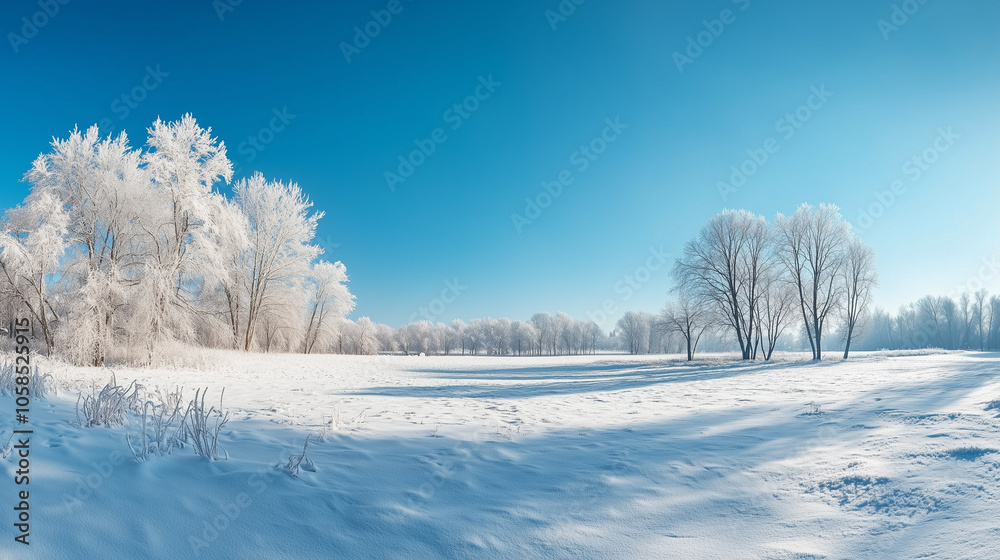 A peaceful park in a snowy landscape with frosted trees under a clear blue sky during winter A peaceful park in a snowy landscape with frosted trees under a clear blue sky during winter