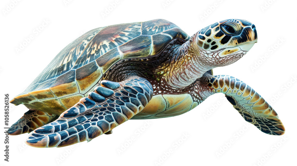 Fototapeta premium A vibrant sea turtle swimming gracefully through the ocean waters, showcasing its colorful shell and flippers.