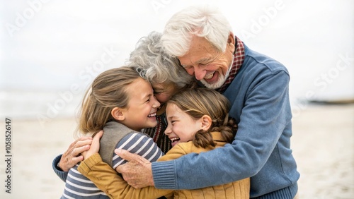 Heartwarming family bond: grandparents embracing grandchildren on beach day