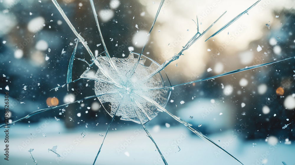 Cracked windshield caused by impact in parking lot during winter weather with falling snow