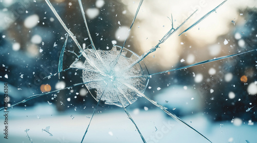 Obraz na płótnie Cracked windshield caused by impact in parking lot during winter weather with falling snow w salonie