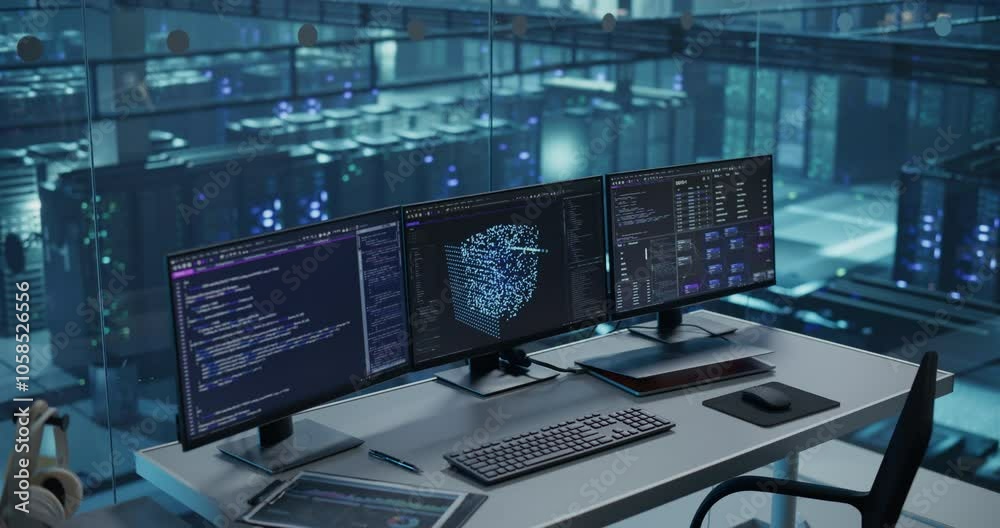 Workspace Without People Features Three Monitors Showcasing Artificial Intelligence Algorithms and Machine Learning Models, Set Up on a Sleek Desk in the Data Center’s Glass-Walled Office Workspace Without People Features Three Monitors Showcasing Artificial Intelligence Algorithms and Machine Learning Models, Set Up on a Sleek Desk in the Data Center’s Glass-Walled Office