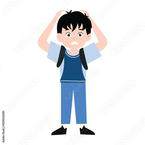 funny little boy is crying, and posing with his hands folded on his waist.School kids collection. Group of cartoon multinational children in school uniform, standing with books and school bags. Isolat