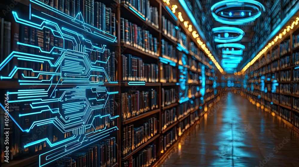 Futuristic library aisle with glowing digital circuit patterns and illuminated shelves.
