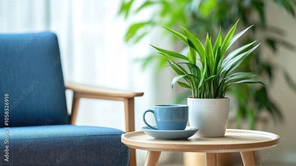 Cup of coffee placed on a table beside a blue armchair. A stylish Scandinavian living room interior highlighted by green plants creates a cozy atmosphere and inviting scene with ample copy space. Cup of coffee placed on a table beside a blue armchair. A stylish Scandinavian living room interior highlighted by green plants creates a cozy atmosphere and inviting scene with ample copy space.