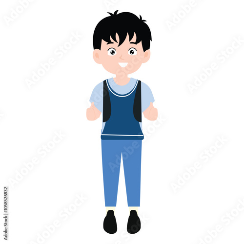 funny little boy is crying, and posing with his hands folded on his waist.School kids collection. Group of cartoon multinational children in school uniform, standing with books and school bags. Isolat