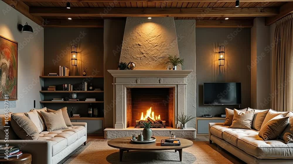 A cozy living room with a fire place