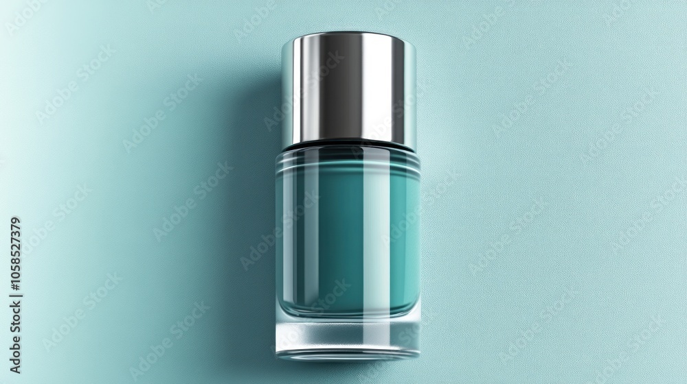 A teal nail polish bottle with a sleek silver cap on a light background.
