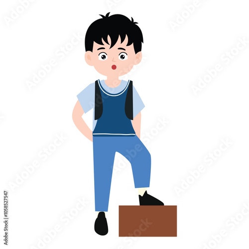 funny little boy is crying, and posing with his hands folded on his waist.School kids collection. Group of cartoon multinational children in school uniform, standing with books and school bags. Isolat