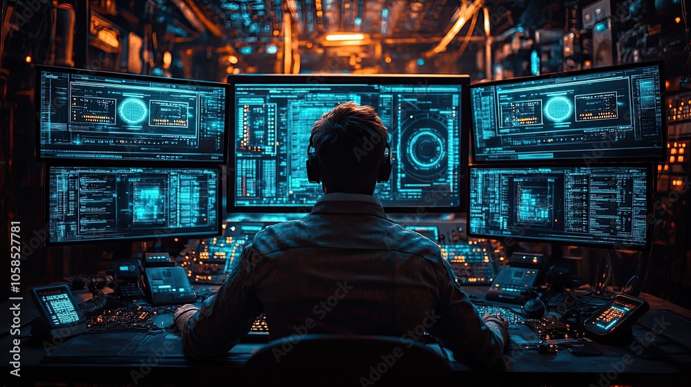 Obraz premium Over-the-shoulder view of security professional typing on keyboard in dark room, surrounded by monitors displaying data