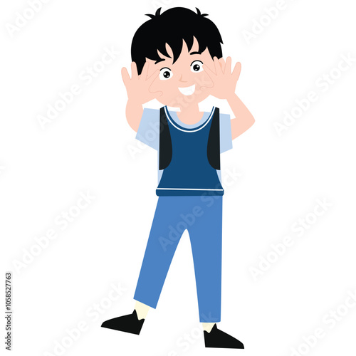 funny little boy is crying, and posing with his hands folded on his waist.School kids collection. Group of cartoon multinational children in school uniform, standing with books and school bags. Isolat