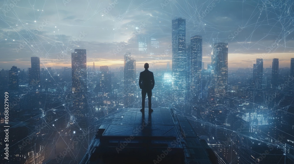 Futuristic Businessman Standing on Digital City Network Grid Futuristic Businessman Standing on Digital City Network Grid