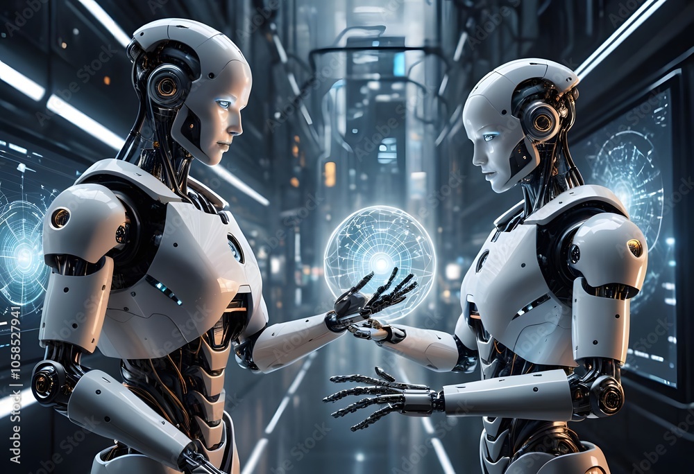 Fototapeta premium The Future of AI and Robots Digital Transformation High-Tech Innovation Platform Big Data Network Fundamentals Future Machine Learning Concepts Human-Robot Connection AI World Science Fiction 