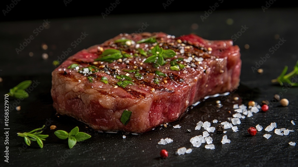 Steak garnished with fresh herbs and seasoning ingredients, highlighted against a dark background, complemented by scattered sea salt. Ideal for food photography with ample copy space. Steak garnished with fresh herbs and seasoning ingredients, highlighted against a dark background, complemented by scattered sea salt. Ideal for food photography with ample copy space.