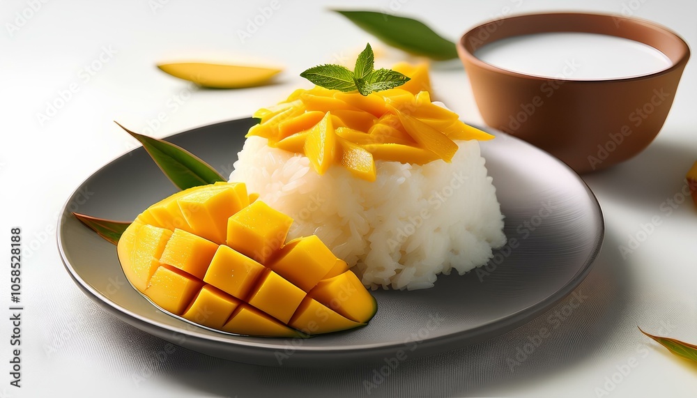 Ripe mango and sticky rice on wooden table Ripe mango and sticky rice on wooden table