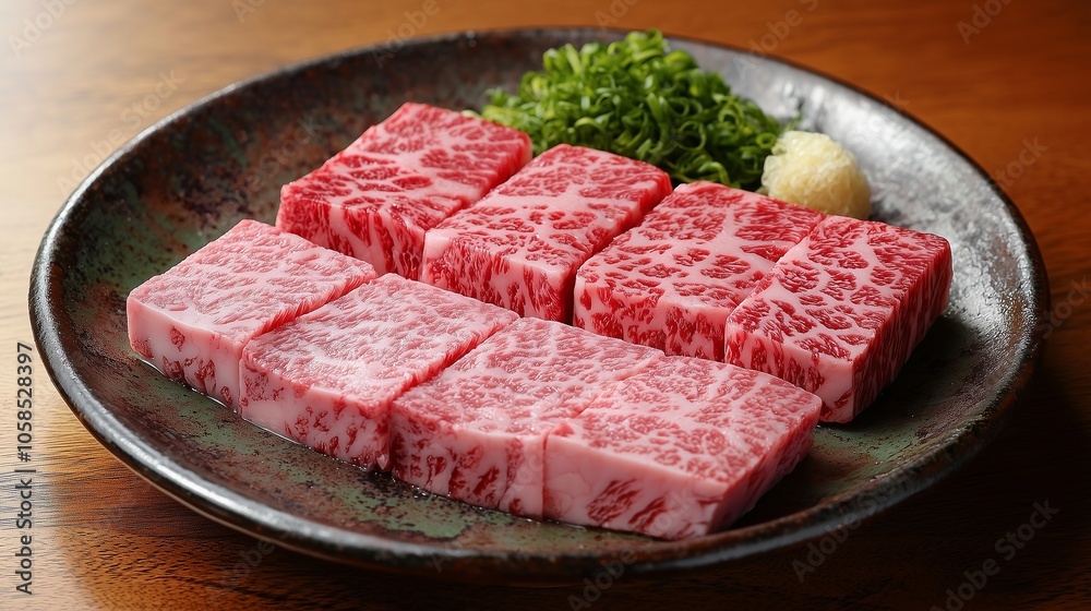 A5 wagyu steak with perfect marbling, accompanied by vegetables in a bento box. A5 wagyu steak with perfect marbling, accompanied by vegetables in a bento box.