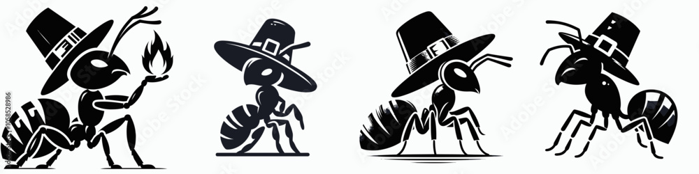 Fototapeta premium Four stylized ants wearing hats, each with unique expressions and poses, embodying a whimsical and playful theme.