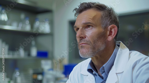 A medical doctor standing thoughtfully in a studio.