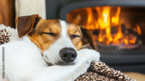 A cozy dog peacefully sleeps by a warm fireplace, wrapped in a blanket, enjoying a tranquil moment at home.