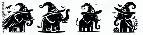 Four playful elephants in witch hats and capes, themed for Halloween, surrounded by bats and pumpkins in a whimsical, black silhouette style. photo