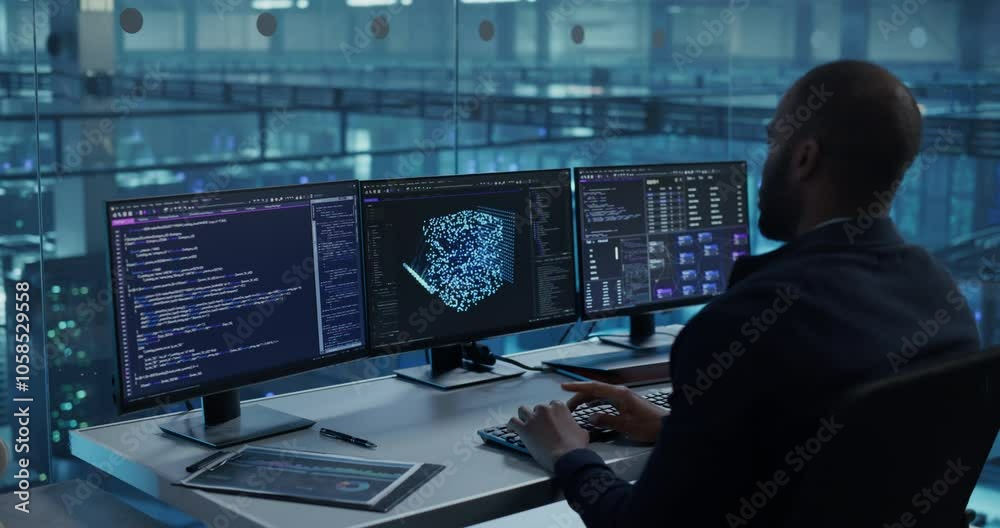 With Multiple Screens Open to Code and Analyze Neural Network Visualizations, African Software Developer in a Data Center Refines an AI Algorithm, Working Methodically to Improve the Product With Multiple Screens Open to Code and Analyze Neural Network Visualizations, African Software Developer in a Data Center Refines an AI Algorithm, Working Methodically to Improve the Product