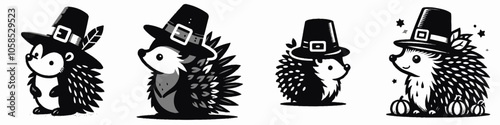 Four adorable hedgehogs wearing hats, showcasing a playful and whimsical illustration style, perfect for festive themes or autumn celebrations.