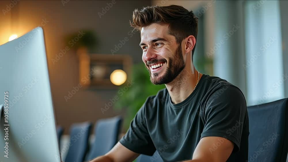 A man smiling while sitting at a desk in front of computer A man smiling while sitting at a desk in front of computer