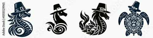 Four stylized sea animals, including a seahorse and turtle, adorned with unique designs and wearing hats, showcasing creativity and aquatic life.