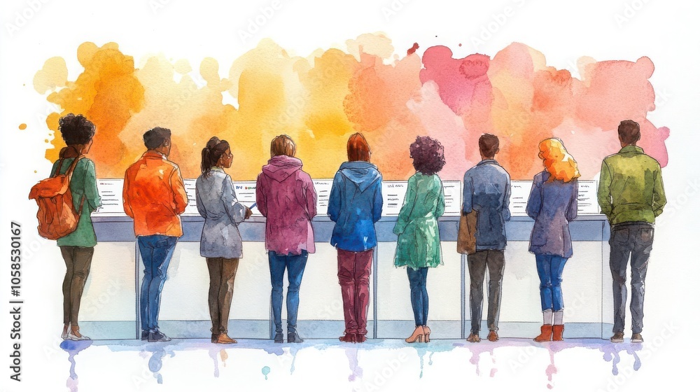 Obraz premium Cartoonstyle voter registration drive, diverse group signing up, playful yet powerful message in watercolor
