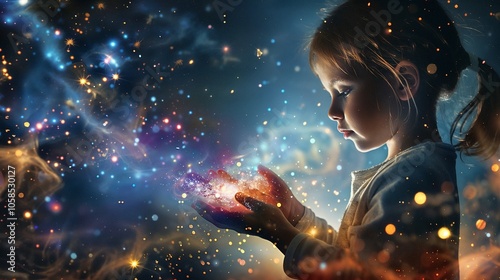 Child demonstrating the magic and wonder of universe, holding galaxy in open hands