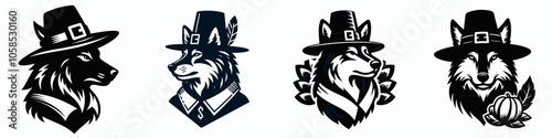 Four stylized wolf characters wearing pilgrim hats, each displaying unique expressions and features, illustrating a playful and thematic design.