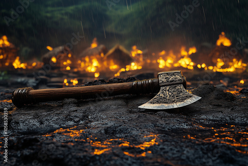 Viking axe lying on scorched battlefield ground. background.
