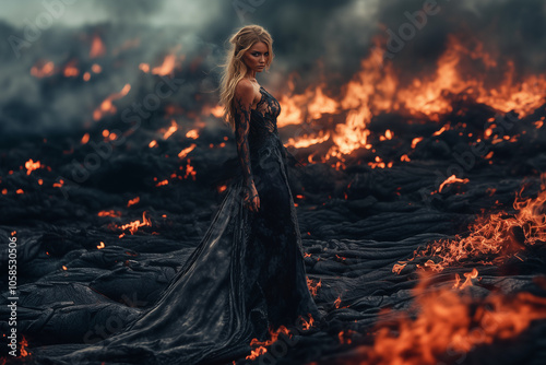 Girl witch in black dress among the empty burnt ground field. Magic of flame.