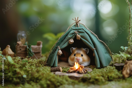 Hamster in a tiny camping setup with a miniature tent
