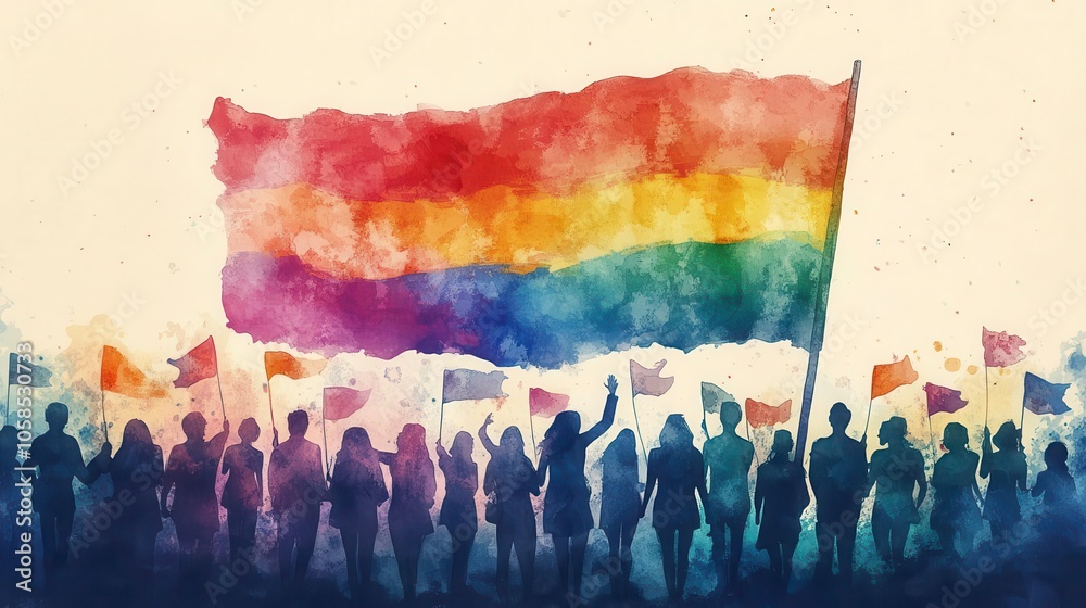 Equality and unitythemed political campaign poster, diverse group with flags, in watercolor and cartoonish style Equality and unitythemed political campaign poster, diverse group with flags, in watercolor and cartoonish style