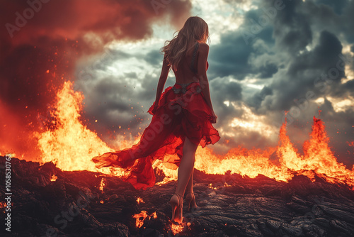 Girl witch in red dress walking among the empty burnt ground field. Magic of flame. photo