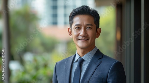 Headshot of a middle-aged Asian businessman in a suit and tie, smiling confidently outdoors with a blurred office building and greenery in the background.