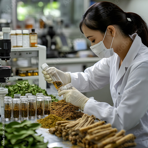 Wallpaper Mural Thai Herbal Medicine Experimentation and Extraction Process, Featuring Colorful Traditional Herbs, Laboratory Equipment, and Scientific Analysis Torontodigital.ca