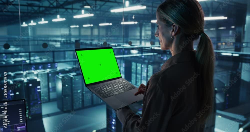 Female DevOps Engineer Monitoring Automation Scripts on Her Laptop Computer with Green Screen Mock Up Display. Software Specialist Working on Data Center IT Infrastructure