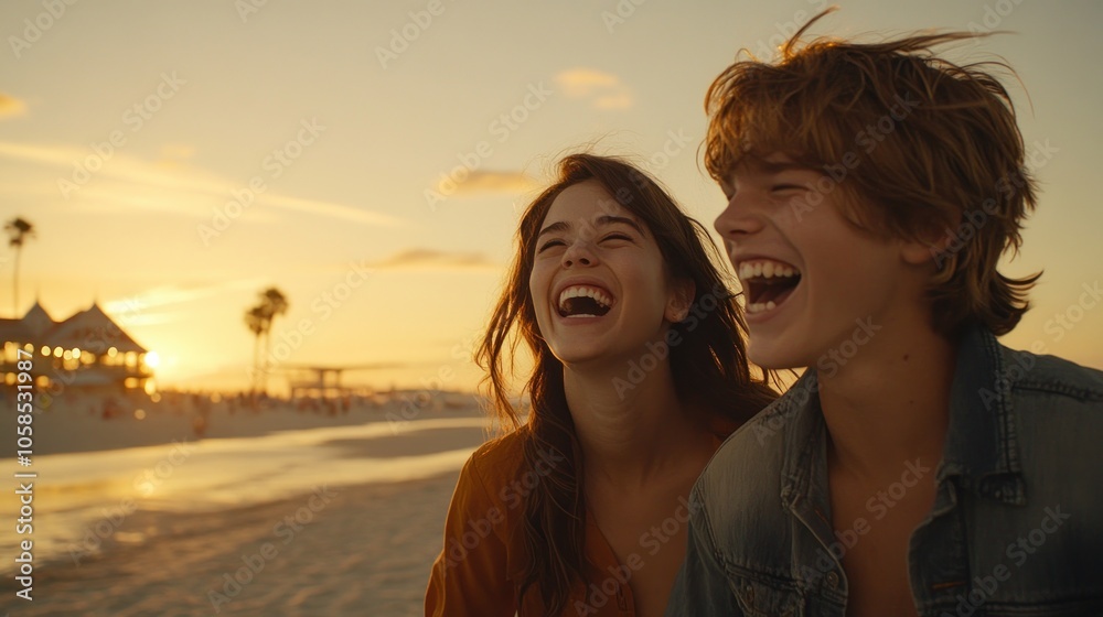 Two young people laughing together on a beach at sunset. Two young people laughing together on a beach at sunset.