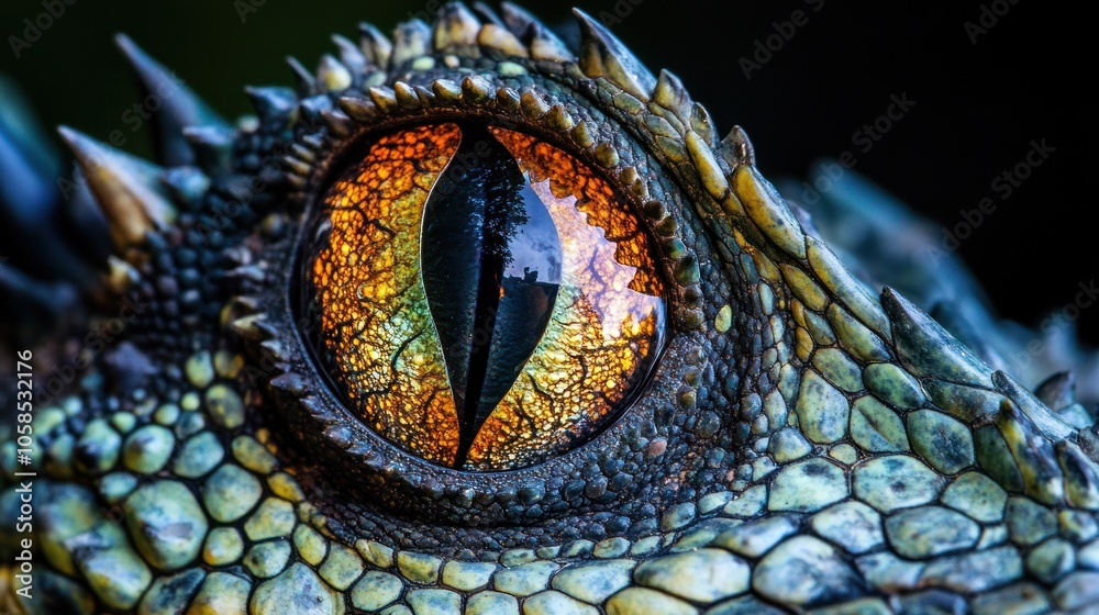 Fototapeta premium Close-up of a reptilian eye showcasing intricate textures and vibrant colors.