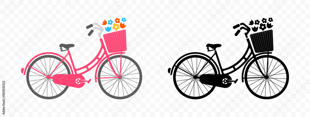 Bike with basket and flowers, graphic design. Bicycle, biking, cyclist and velocipede, vector design and illustration Bike with basket and flowers, graphic design. Bicycle, biking, cyclist and velocipede, vector design and illustration