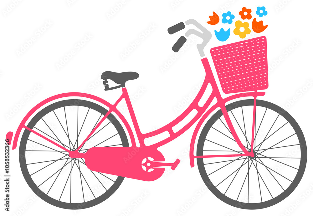Bike with basket and flowers. Bicycle, biking, cyclist and velocipede, illustration Bike with basket and flowers. Bicycle, biking, cyclist and velocipede, illustration
