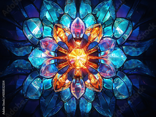 a vibrant display of a symmetrical, multicolored glass art sculpture, glowing with hues of red, blue, and orange, set against a dark background.