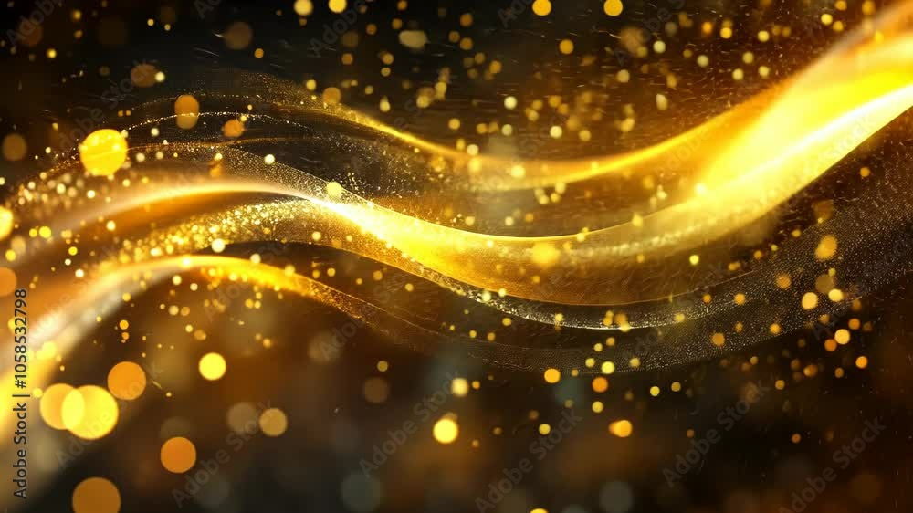 A digital rendering of a golden wave against a black background with sparkling gold particles A digital rendering of a golden wave against a black background with sparkling gold particles