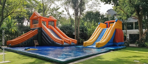 Inflatable Water Slides in Backyard photo