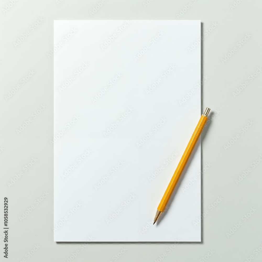 A blank white paper with a yellow pencil on top, placed on a grey surface. A blank white paper with a yellow pencil on top, placed on a grey surface.
