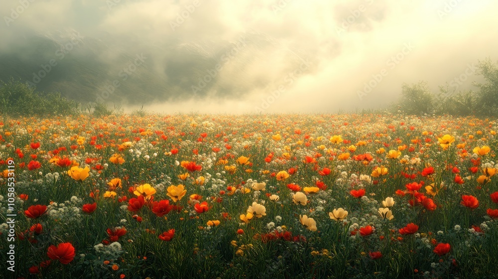 Obraz premium A vibrant field of flowers under a misty sky.