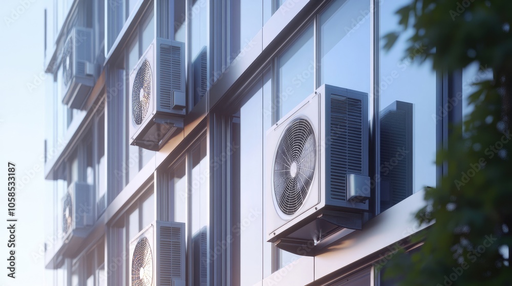 Building exterior featuring air conditioning units, showcasing industrial elements and energy efficiency in modern tech. Building exterior featuring air conditioning units, showcasing industrial elements and energy efficiency in modern tech.